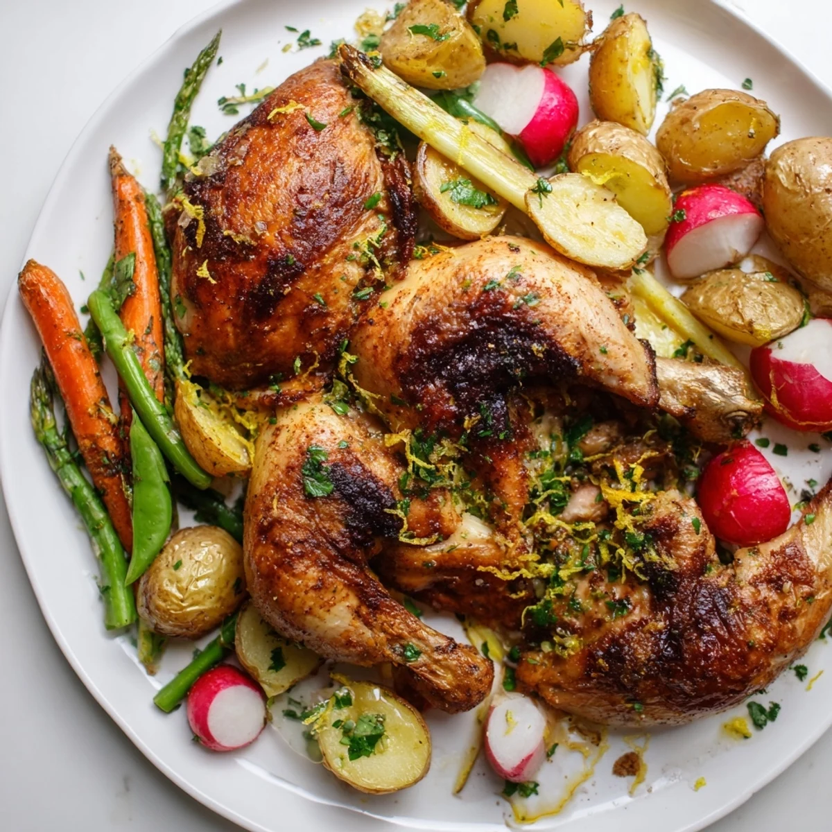 Juicy roasted chicken with golden skin, surrounded by colorful spring vegetables like sugar snap peas and baby potatoes, ready for a wholesome, gluten-free weeknight meal.