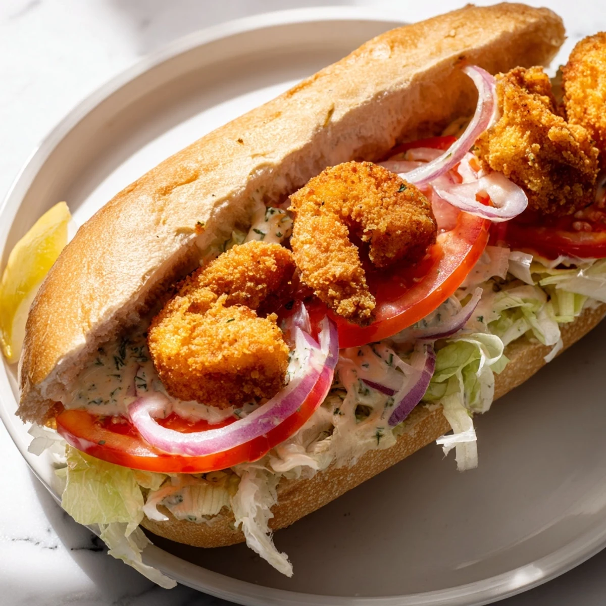 Crispy fried shrimp nestled in a crusty baguette, layered with crisp lettuce, juicy tomato slices, and a drizzle of creamy homemade remoulade sauce.