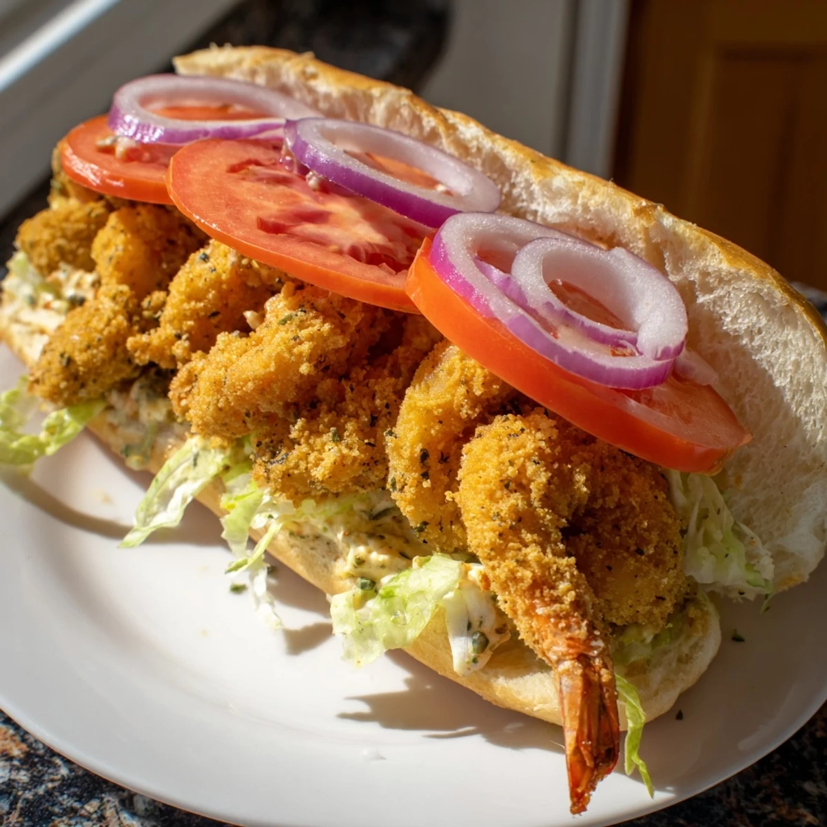 A festive Mardi Gras shrimp po boy showcasing golden-brown Cajun-seasoned shrimp on a toasted roll, topped with fresh vegetables and tangy remoulade for dipping.