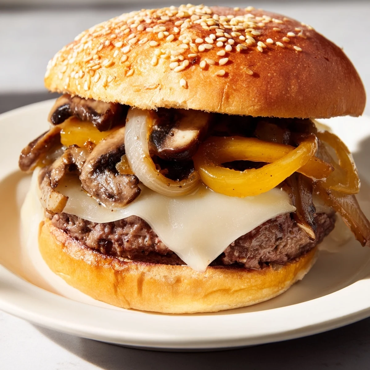A juicy Beef Burger with Caramelized Onions and Mushrooms sits on a plate, melted cheese dripping from the toasted bun.