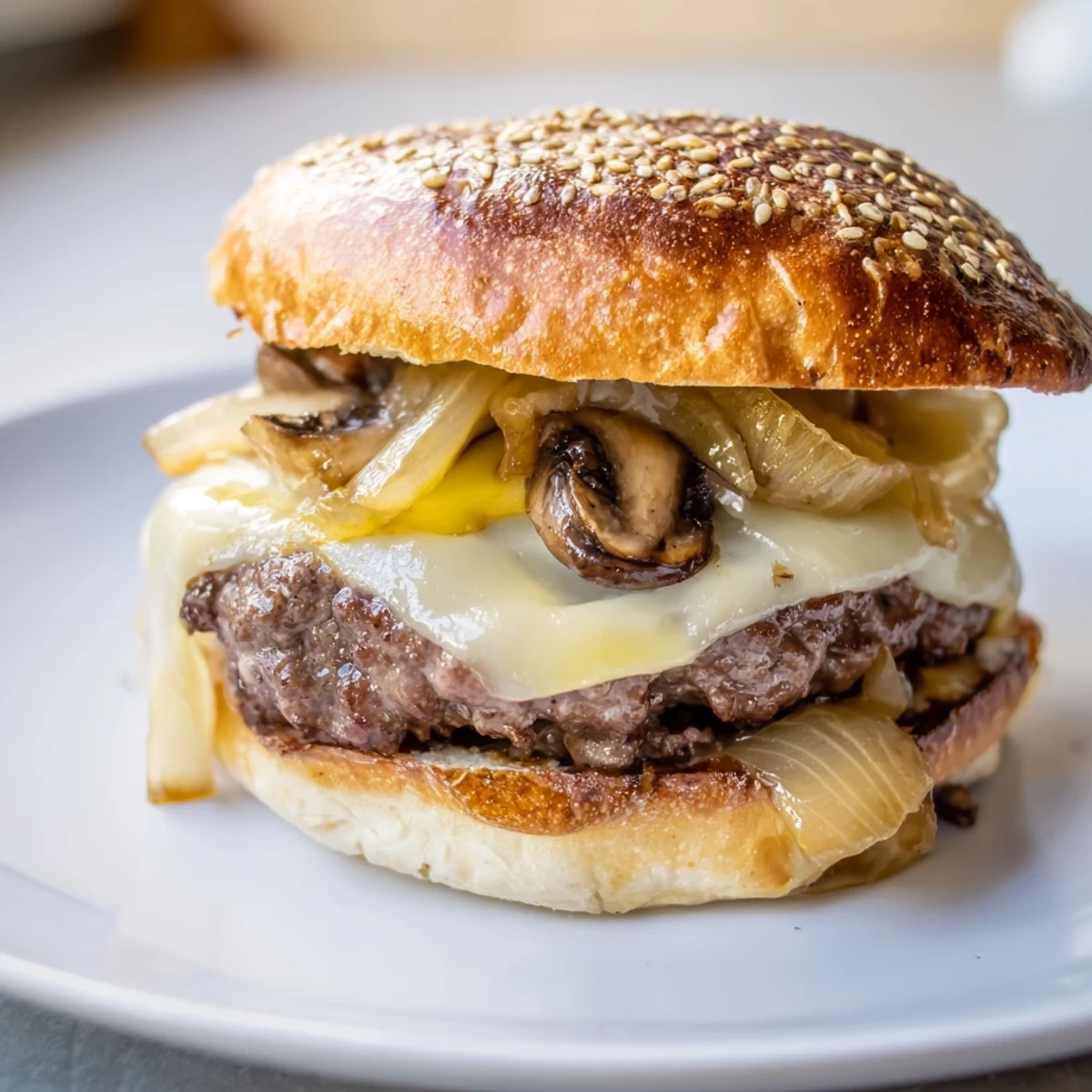 View this plated Beef Burger with Caramelized Onions and Mushrooms ready to serve with sweet onions and savory mushrooms.