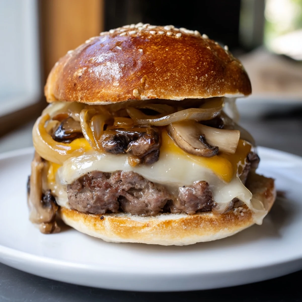 This gourmet Beef Burger with Caramelized Onions and Mushrooms features golden onions and sautéed mushrooms piled high on beef.