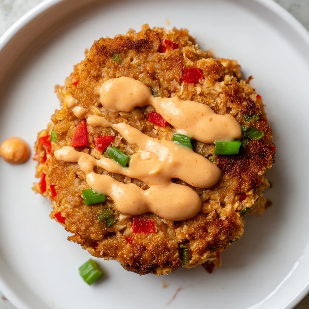 Eight crispy fried tuna cakes arranged on a platter, drizzled with creamy spicy Sriracha mayo sauce, served as a party appetizer.