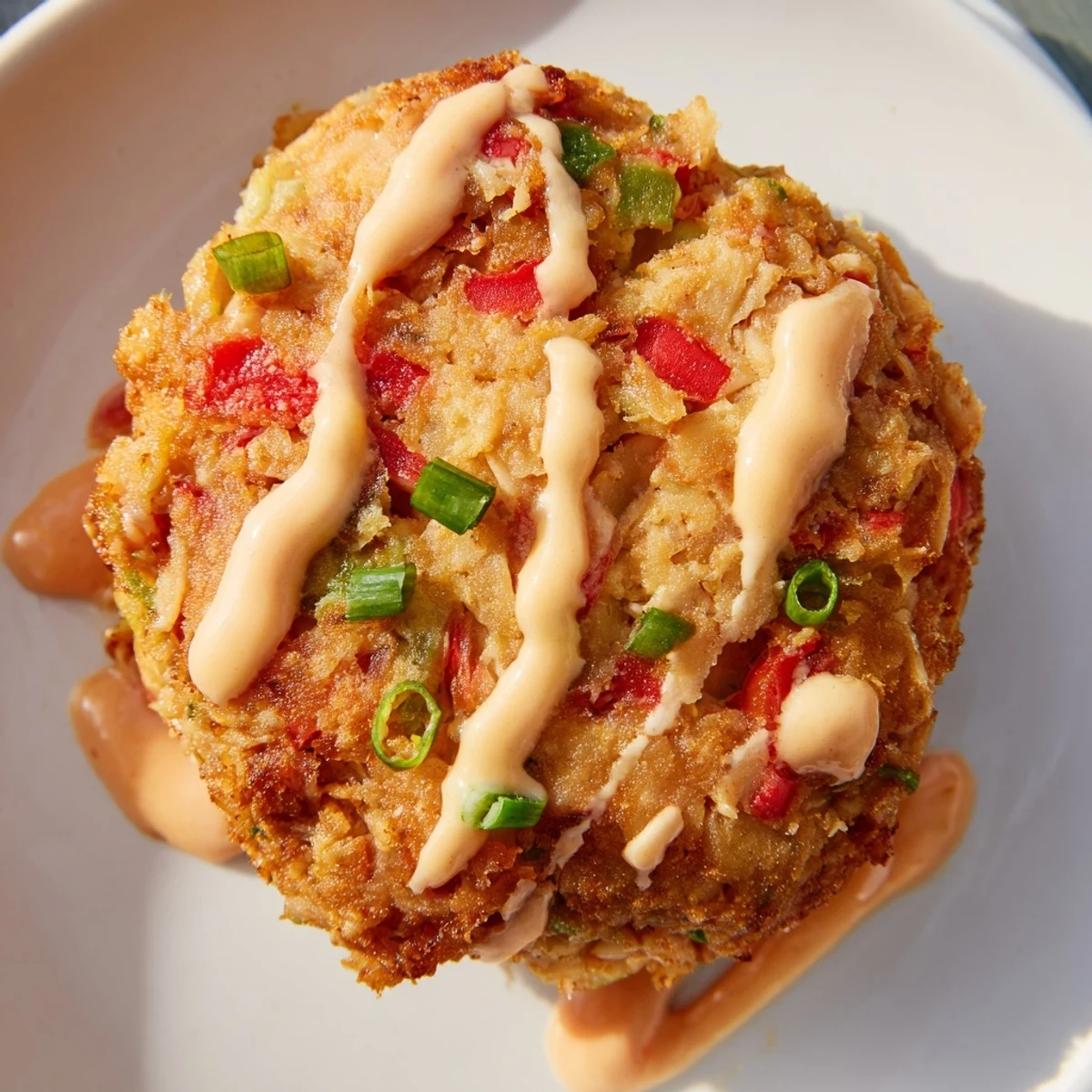 Close-up view of Spicy Tuna Cakes with Sriracha Mayo, highlighting the tender texture inside and the tangy dipping sauce on the side.
