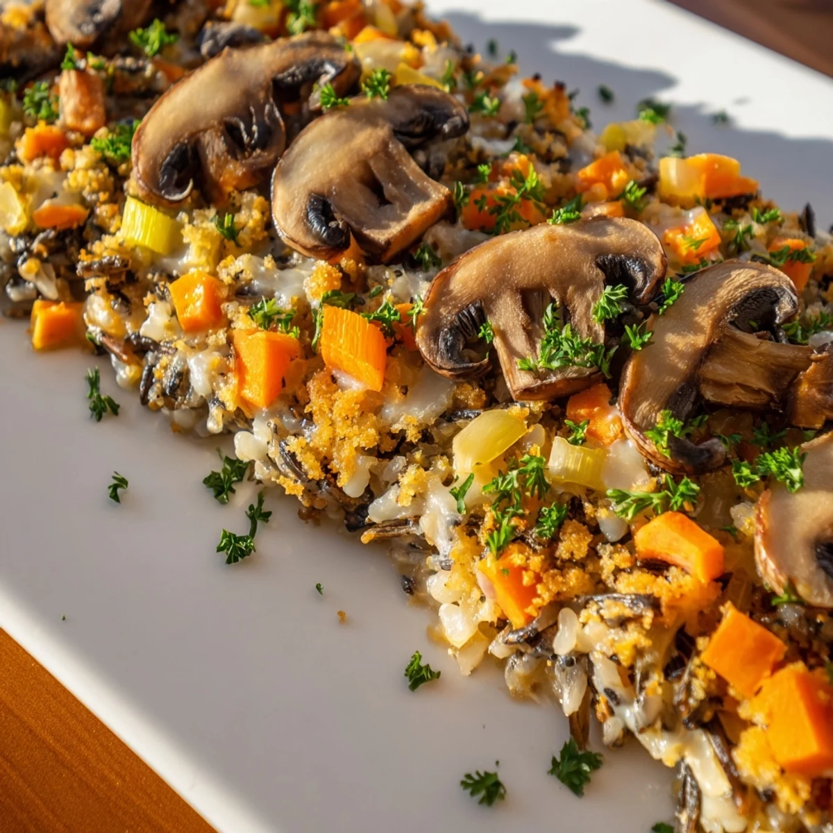 A close-up of Creamy Mushroom and Wild Rice Casserole bubbling in a dish, with golden panko crumbs and fresh parsley.