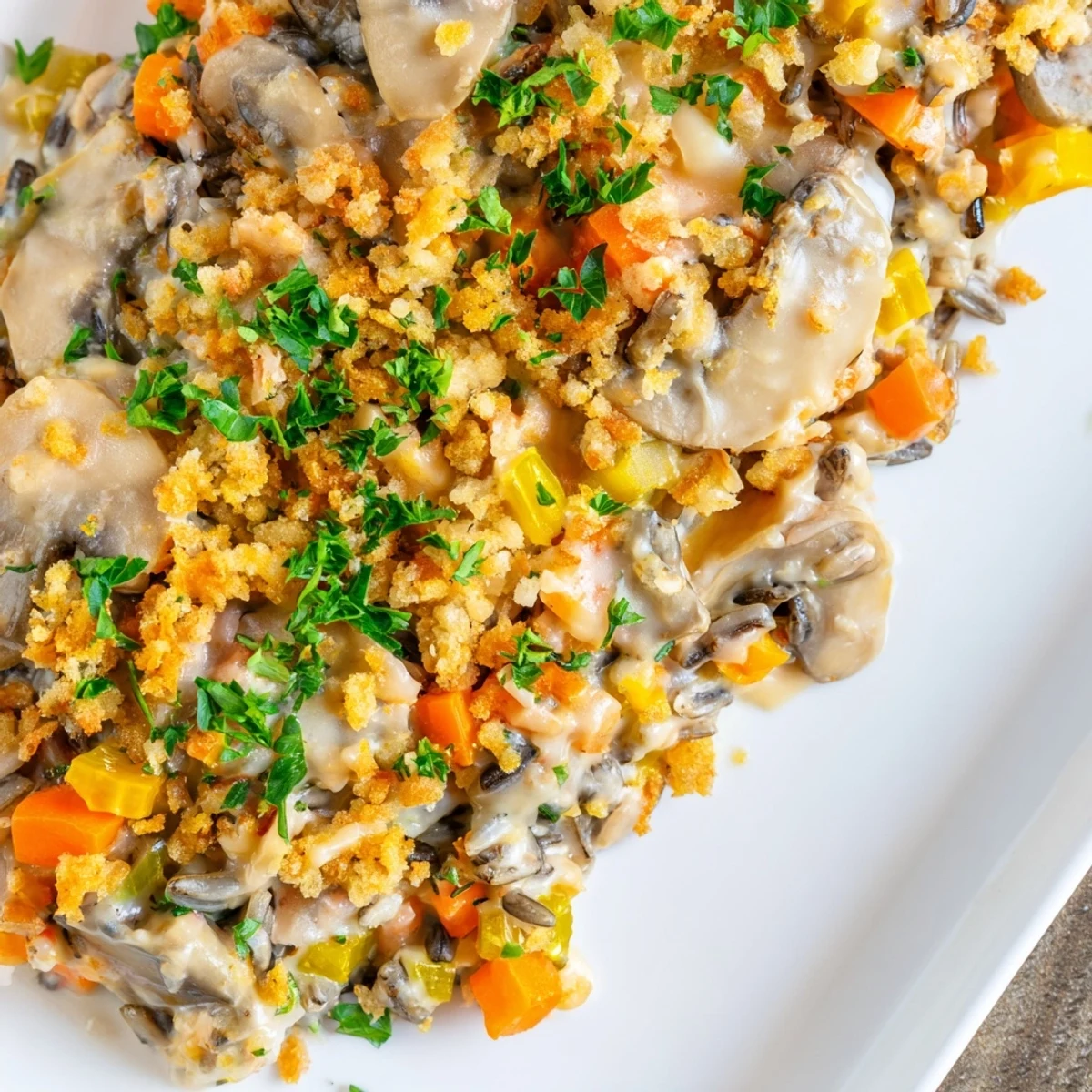 An overhead view of Creamy Mushroom and Wild Rice Casserole, showing its rich, creamy sauce and sautéed mushrooms mixed with wild rice.