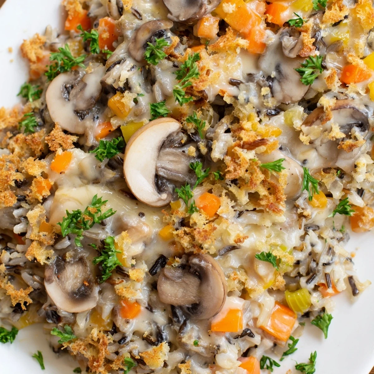 In a rustic kitchen, Creamy Mushroom and Wild Rice Casserole is served from a baking dish alongside a crisp green salad.