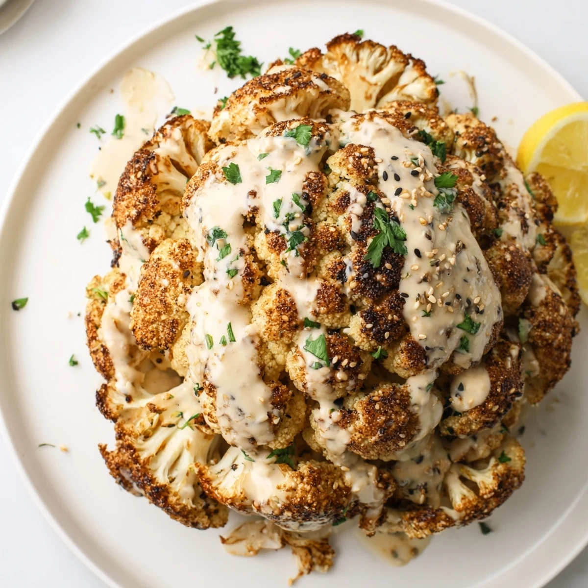 Whole Roasted Cauliflower with Tahini Drizzle sits golden-brown on a platter, garnished with parsley and sesame seeds.