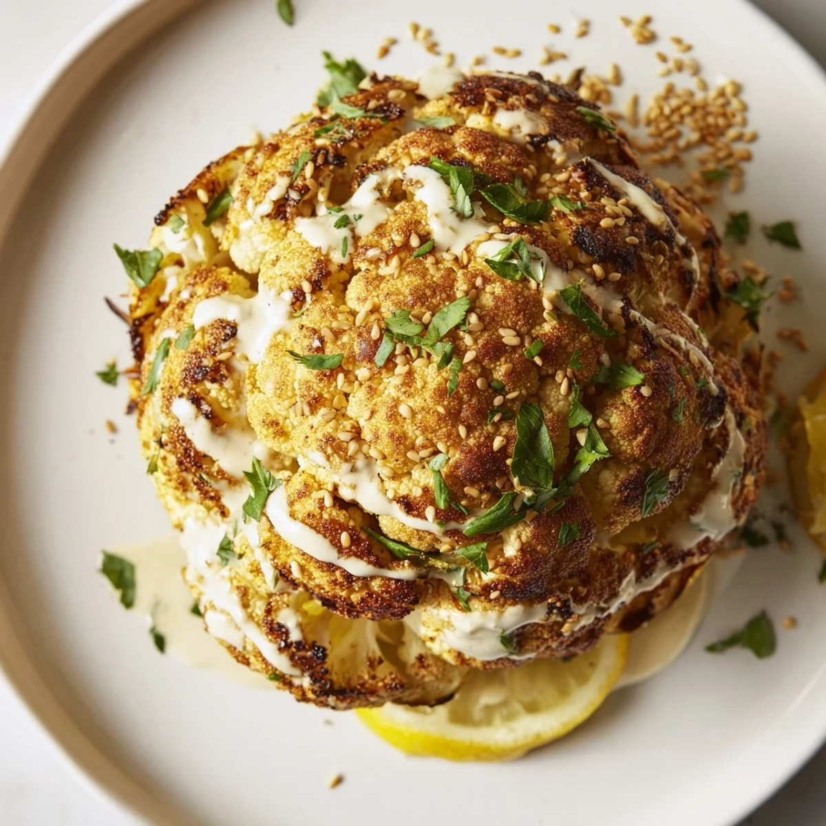Sliced wedges of Whole Roasted Cauliflower with Tahini Drizzle served on a plate with lemon wedges nearby.