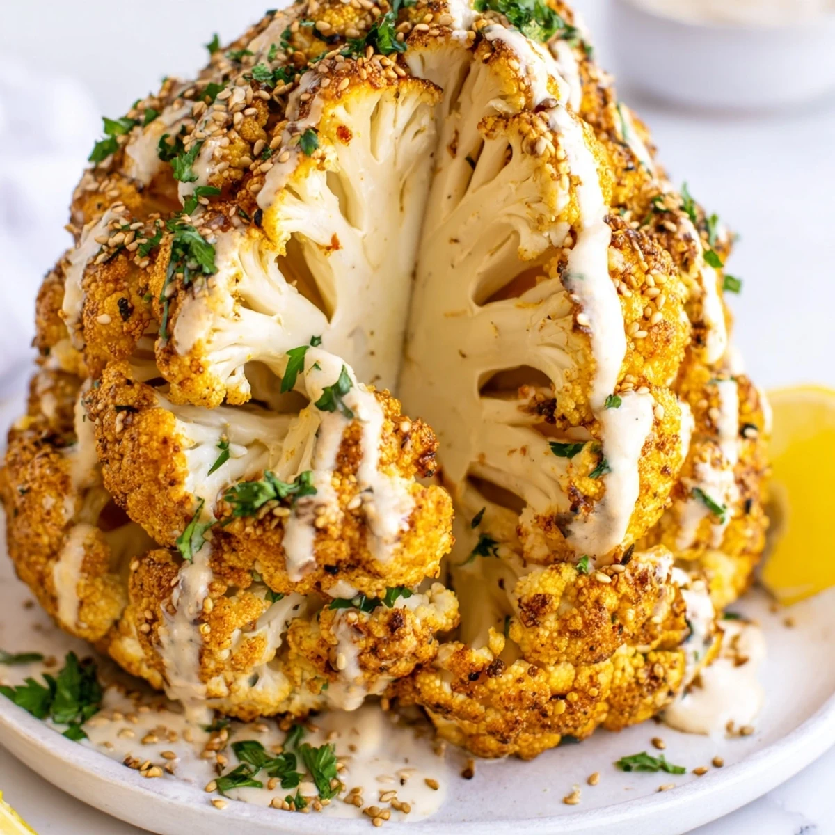 A close-up of Whole Roasted Cauliflower with Tahini Drizzle showing creamy sauce drizzled over tender, spiced florets.