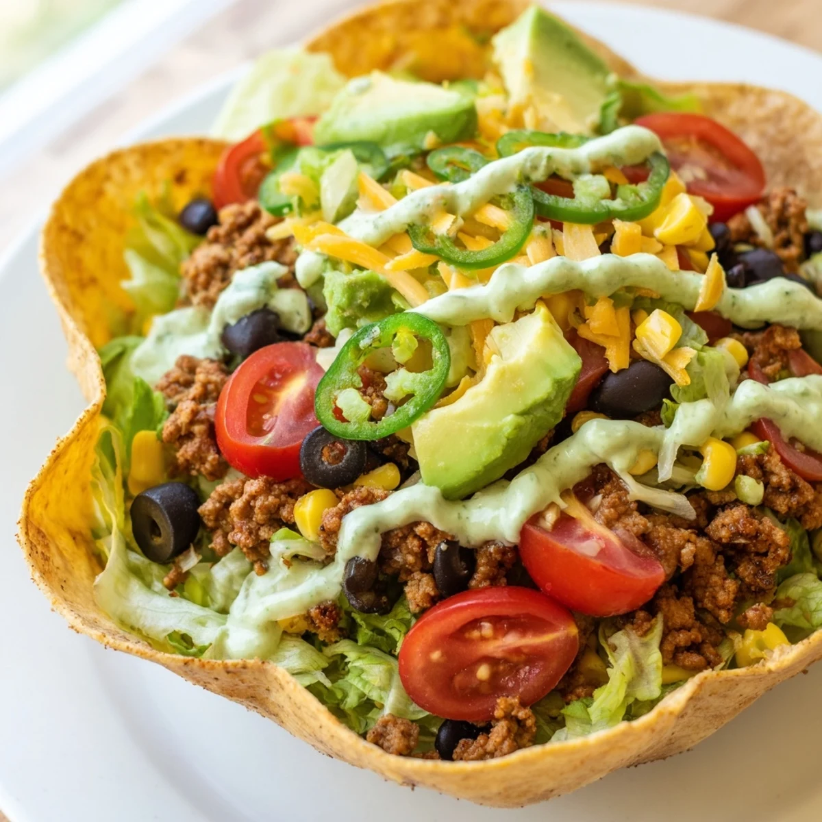 Freshly assembled Beef Taco Salad with crisp romaine, cherry tomatoes, green onions, and creamy cilantro-lime dressing drizzled on top.