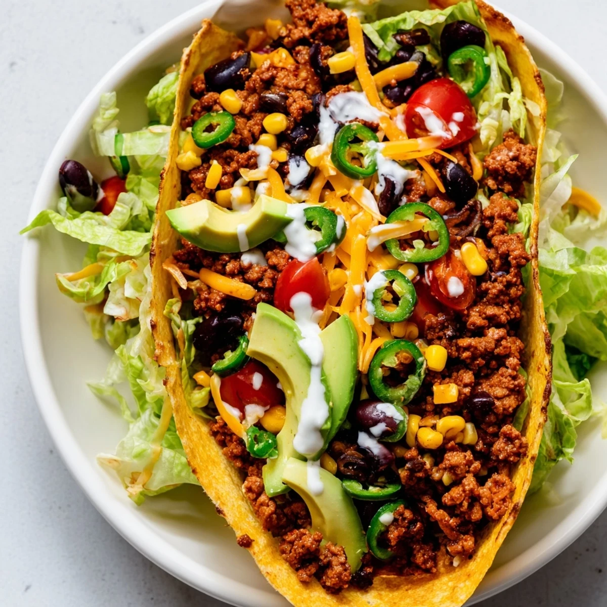 Golden baked tortilla bowl holding a colorful salad of seasoned beef, olives, jalapeños, and avocado, ready to serve for dinner.