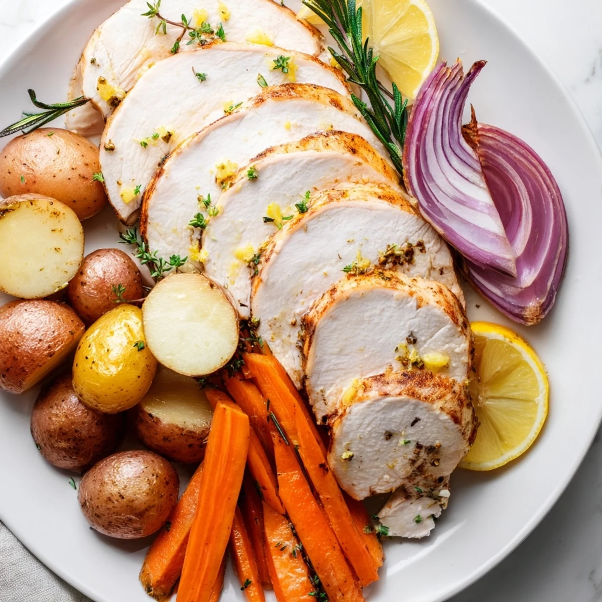 Family-style dinner platter featuring a whole Sheet Pan Lemon Herb Turkey Breast surrounded by caramelized carrots, potatoes, and onions, ready to serve.