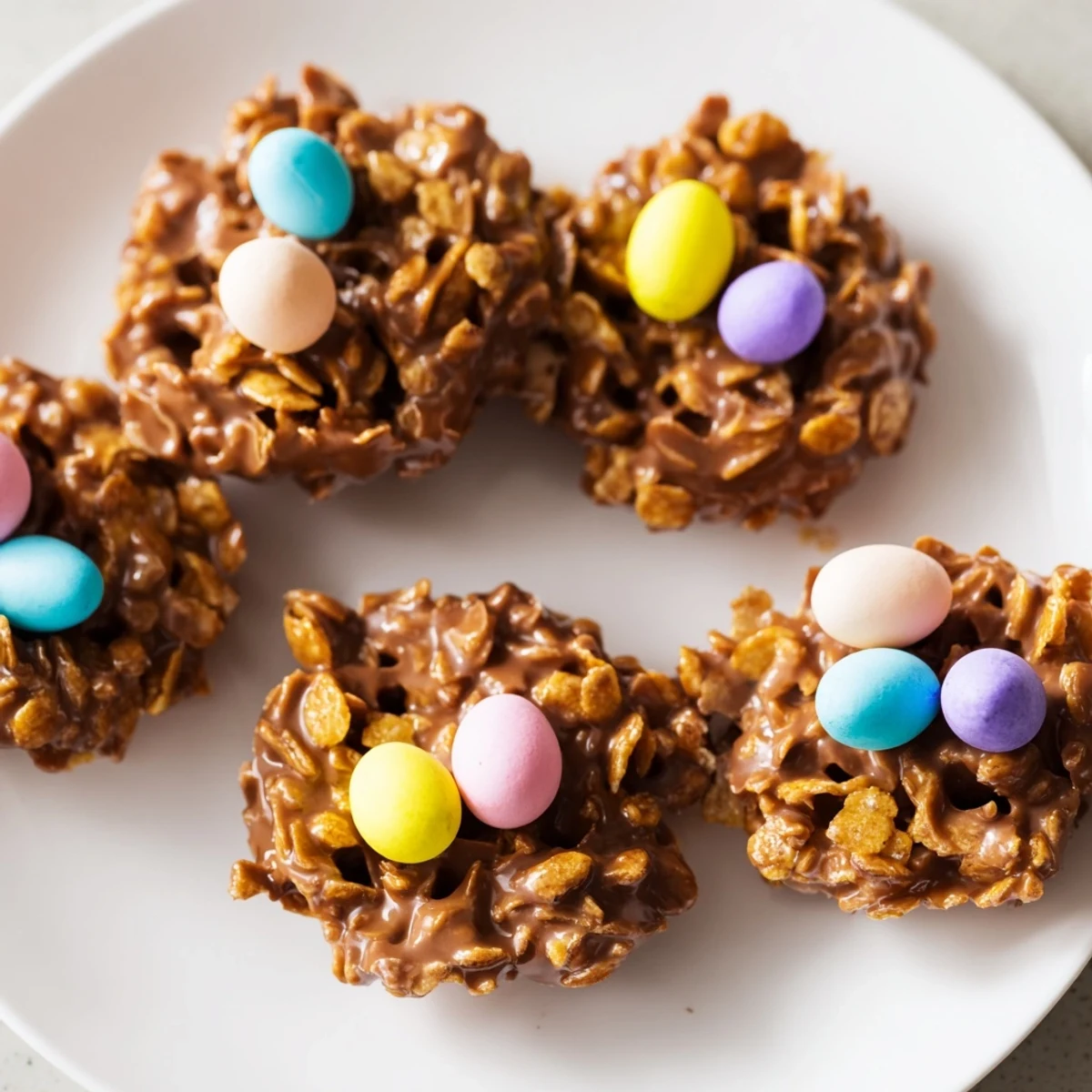 Chocolate Easter Egg Nests in muffin liners with mini eggs nestled in crispy chocolate cornflake nests.
