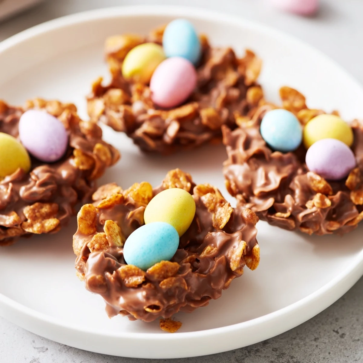 Ready to serve Chocolate Easter Egg Nests with pastel candy eggs, perfect for Easter dessert platters.