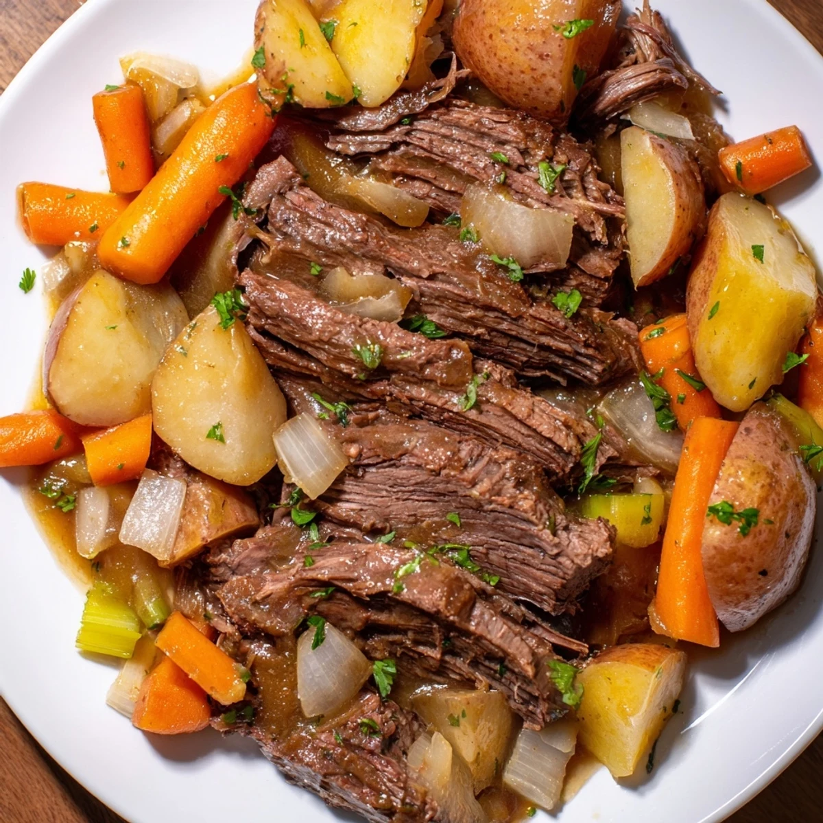 Slow Cooker Beef Pot Roast with Root Vegetables served tender in a savory broth beside carrots and potatoes.
