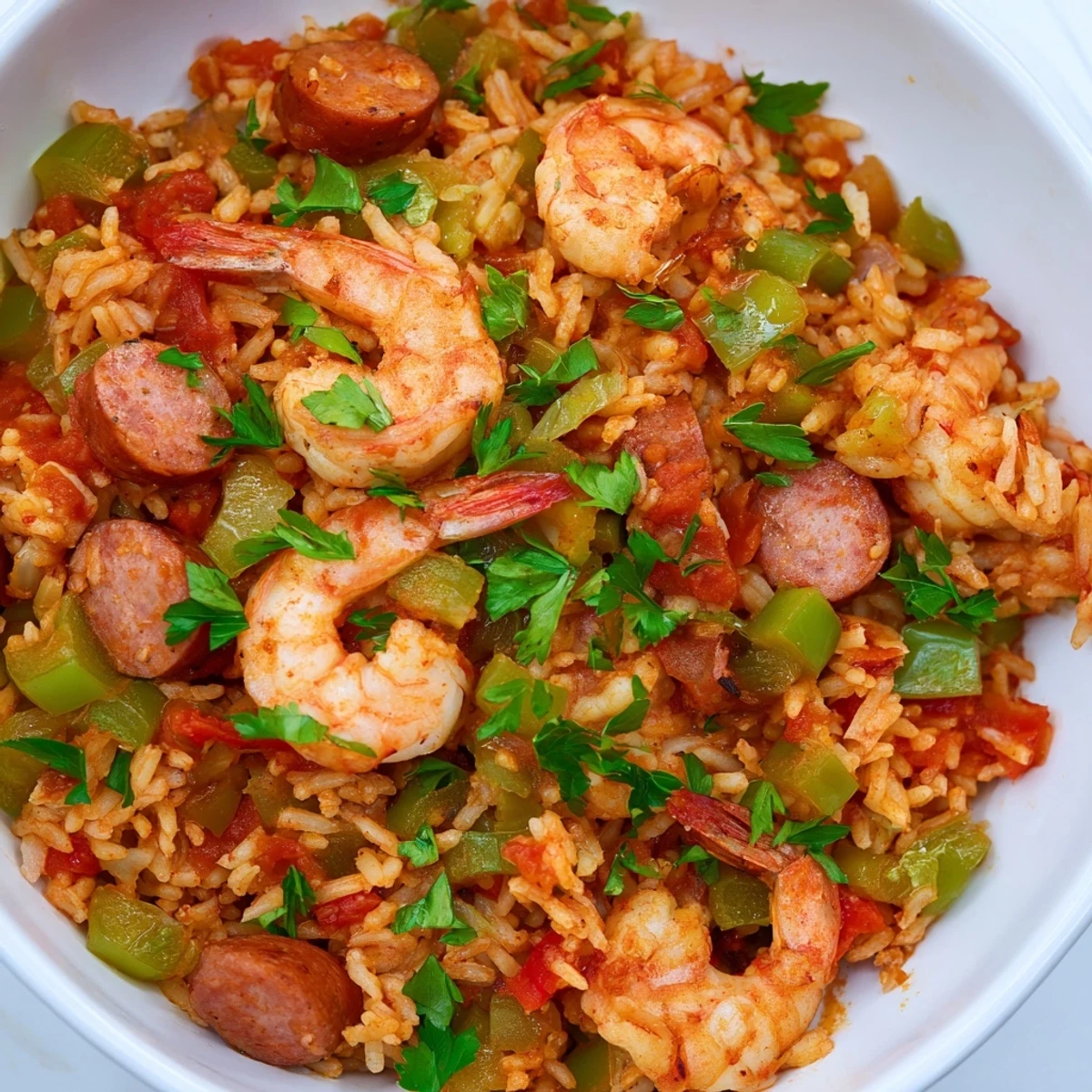 A close-up of Spicy Jambalaya with Shrimp and Turkey Sausage steaming in a white bowl, garnished with fresh parsley and lemon wedges.