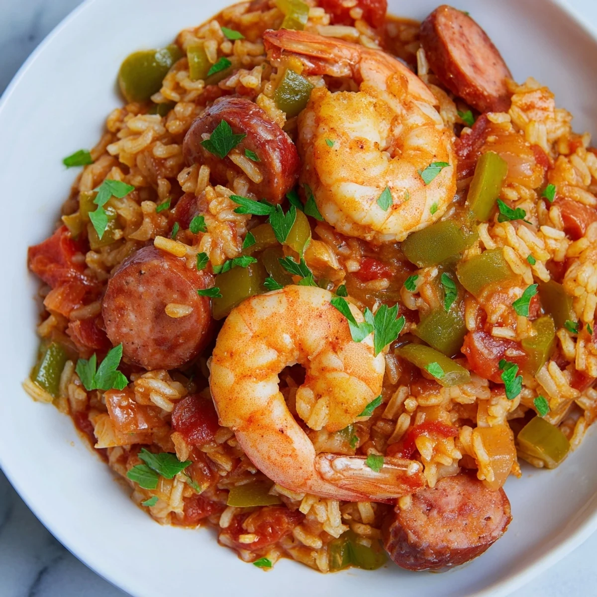 Top-down view of Spicy Jambalaya with Shrimp and Turkey Sausage featuring pink shrimp andouille sausage and bell peppers on a rustic table.