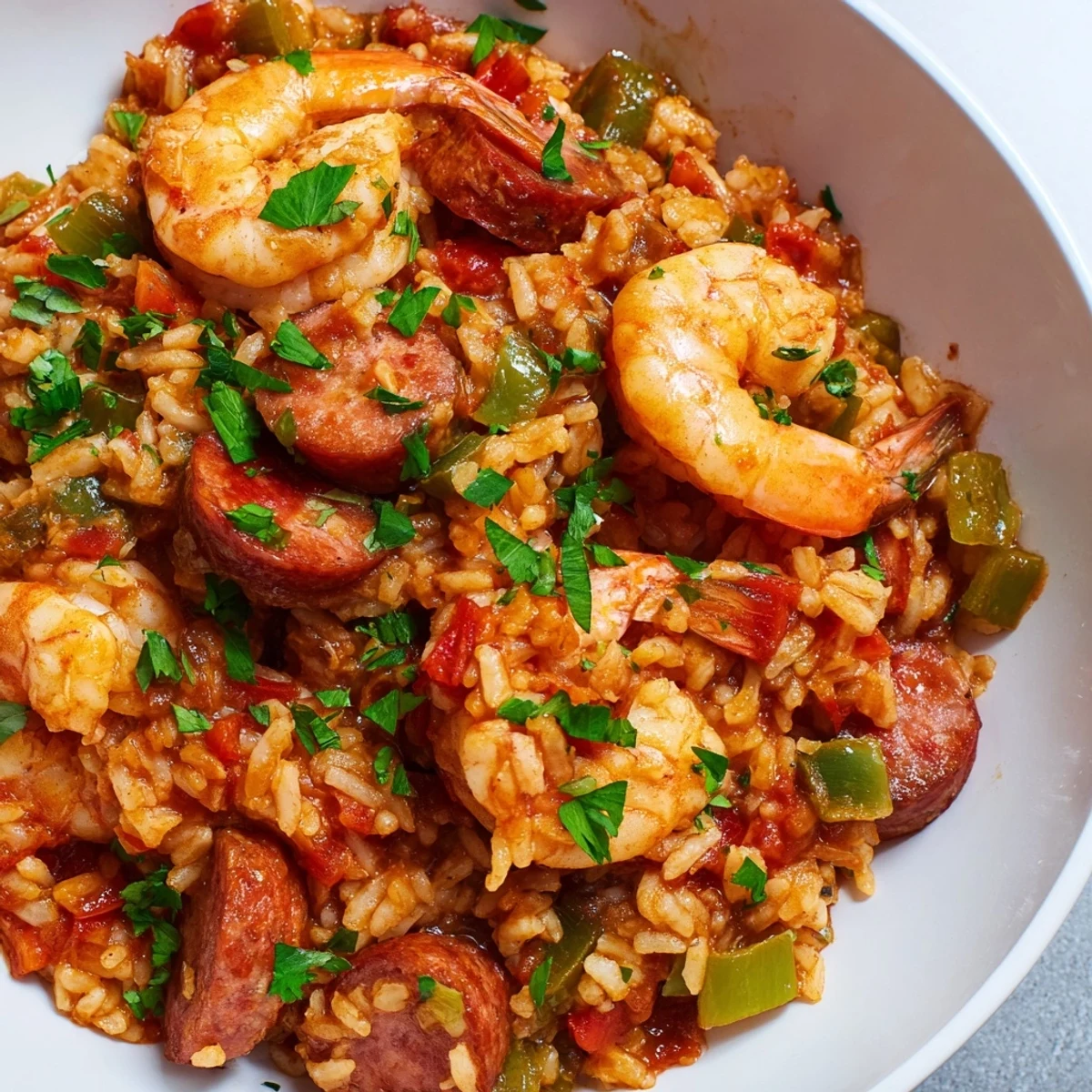 Steam rising from a skillet of Spicy Jambalaya with Shrimp and Turkey Sausage served with a side of crusty bread for dipping.