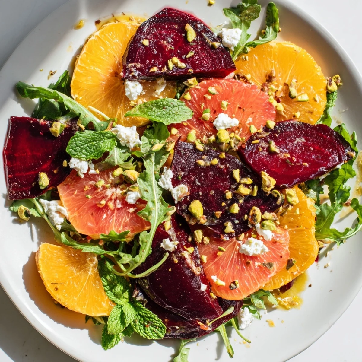 Vibrant Roasted Beet and Citrus Salad with Arugula shows jewel-toned beets and juicy orange slices on a bed of peppery greens, topped with creamy goat cheese.