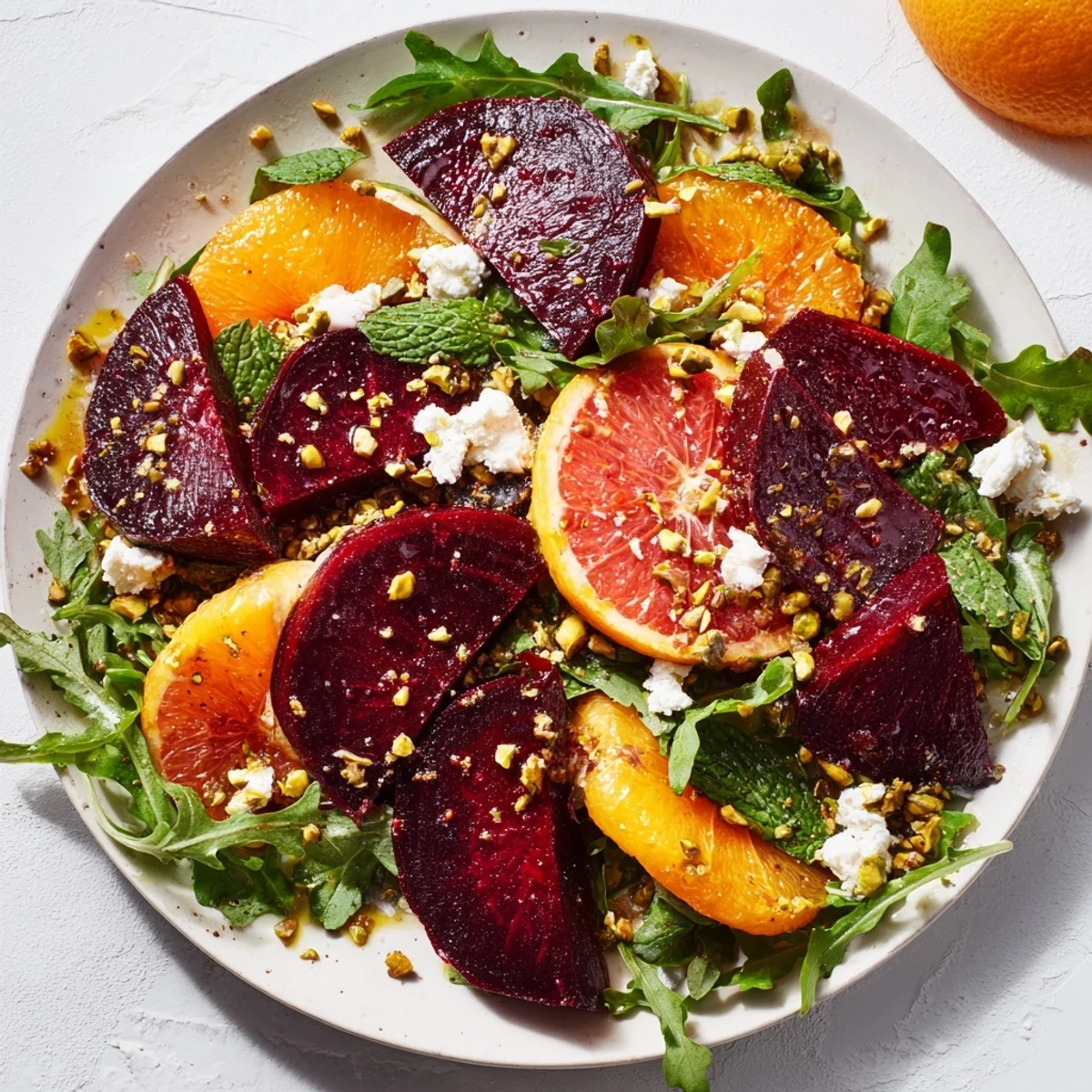 Roasted Beet and Citrus Salad with Arugula features warm roasted beet wedges, tangy citrus rounds, and crunchy pistachios arranged for a beautiful light lunch or starter.