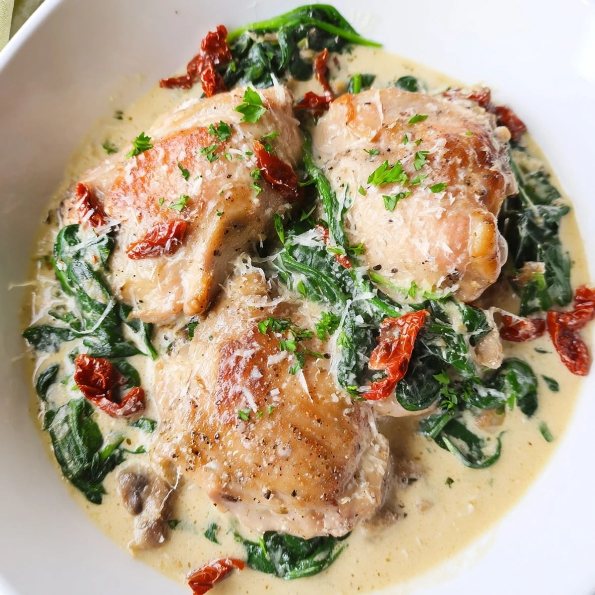 Golden seared chicken breasts in a creamy garlic sauce with wilted spinach and tangy sundried tomatoes, garnished with fresh parsley.