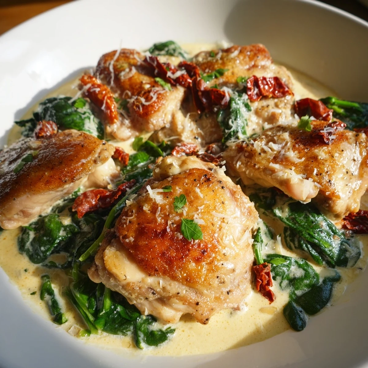 Creamy Garlic Chicken with Spinach and Sundried Tomatoes served over pasta, with the rich sauce clinging to tender chicken pieces.