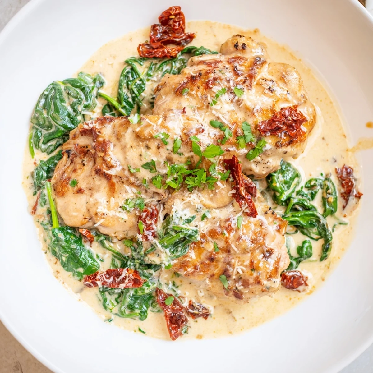 A close-up of juicy Creamy Garlic Chicken with Spinach and Sundried Tomatoes, featuring wilted greens and vibrant red tomatoes in a skillet.