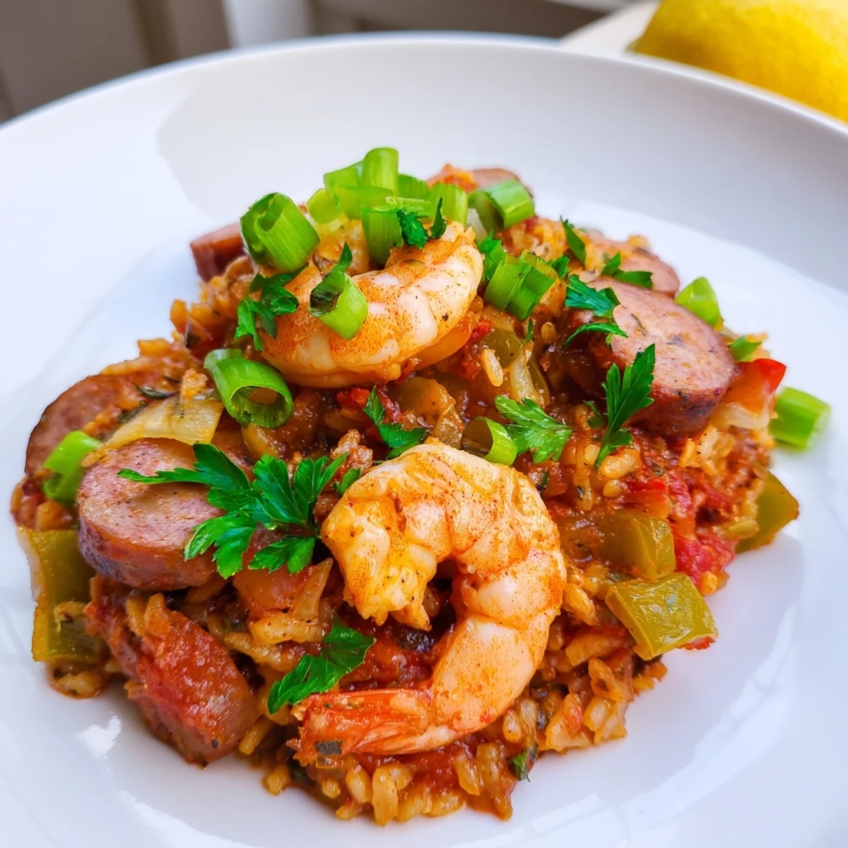 A close-up photo of Spicy Jambalaya with Shrimp and Beef Sausage, featuring plump shrimp nestled in the rich, tomato-based rice beside slices of browned sausage.  