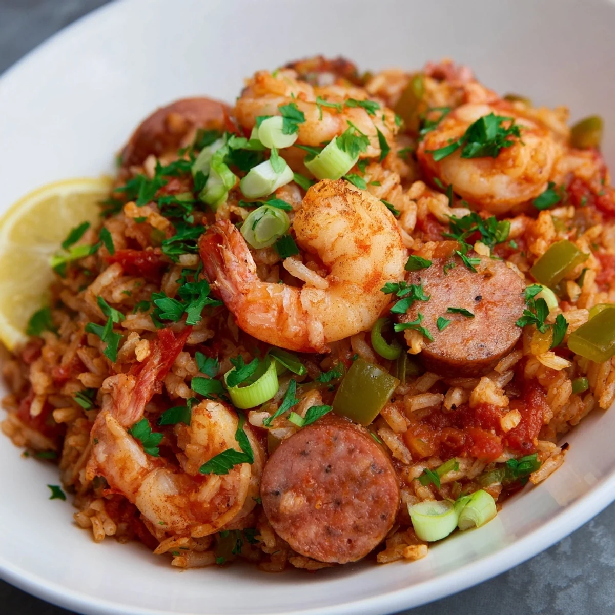 This hearty Creole main dish showcases tender shrimp and smoky beef sausage on a bed of vibrant, spicy rice with diced peppers and onions visible.  