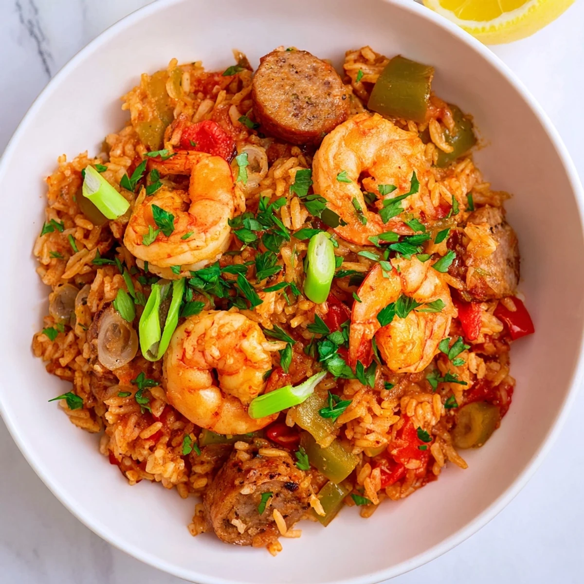 Serving suggestion for Spicy Jambalaya with Shrimp and Beef Sausage, garnished with fresh parsley and lemon wedges for a bright, zesty finish.