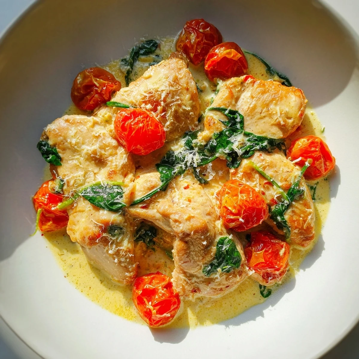 Creamy Garlic Chicken with Spinach and Tomatoes rests in a skillet, featuring golden seared chicken breasts coated in a rich, creamy sauce with wilted spinach and bright halved cherry tomatoes.