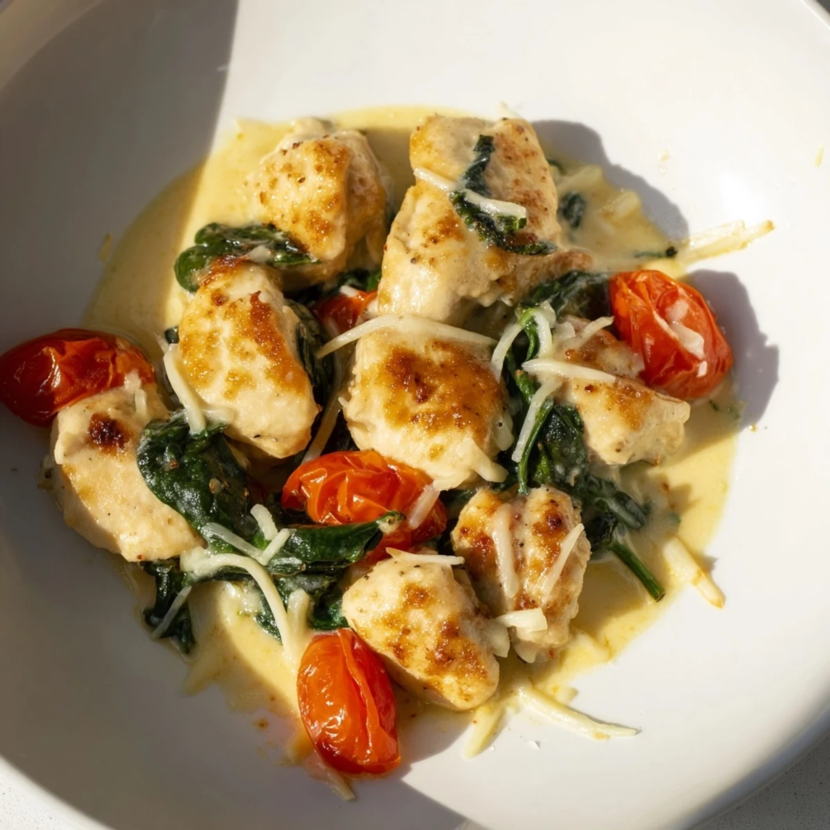 A close-up of Creamy Garlic Chicken with Spinach and Tomatoes reveals succulent chicken pieces in a bubbling Parmesan sauce, dotted with vibrant spinach leaves and blistered cherry tomatoes on a rustic plate.