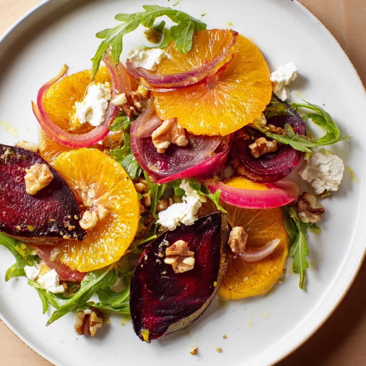 Roasted Beet and Citrus Salad with Arugula topped with tangy goat cheese and toasted walnuts on a white platter