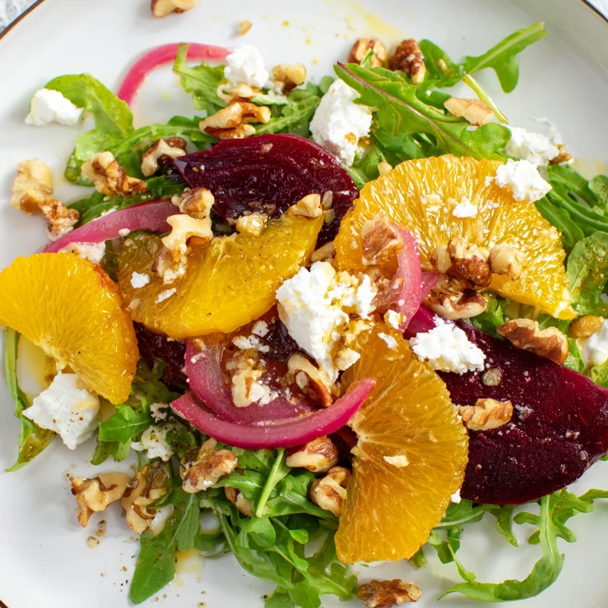Roasted Beet and Citrus Salad with Arugula served on a rustic table with a glass of crisp Sauvignon Blanc