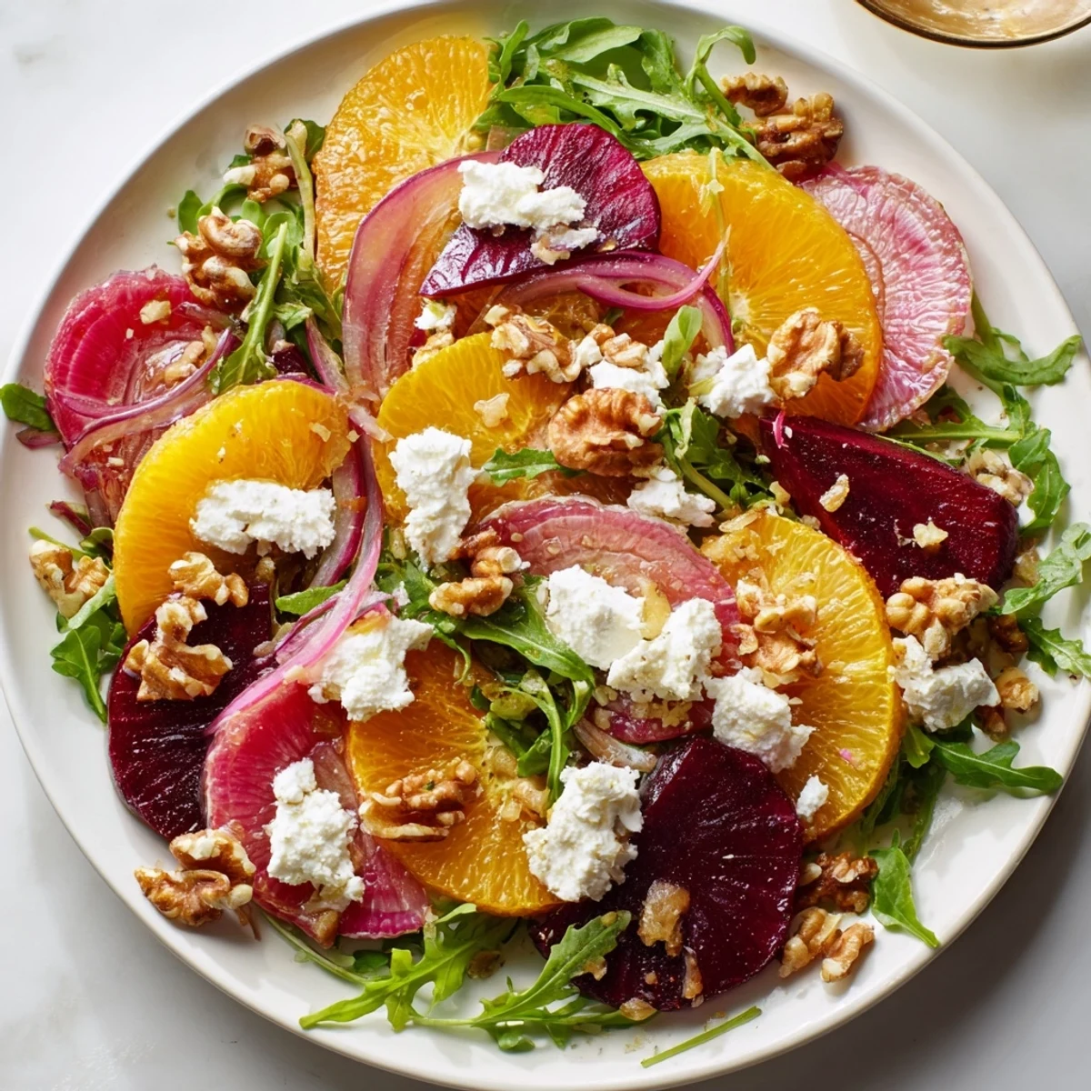 Vibrant roasted beet and citrus salad with arugula and red onion slices drizzled with tangy vinaigrette