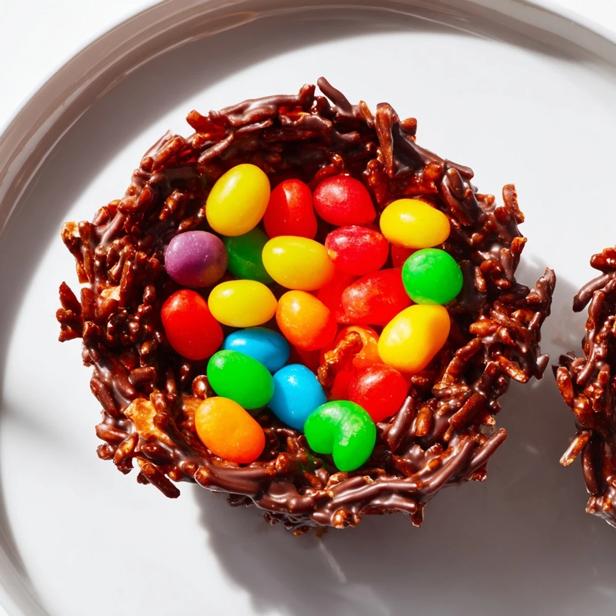 Golden-brown Chocolate Easter Egg Nests with Jelly Beans arranged on a plate, perfect for an Easter celebration table.