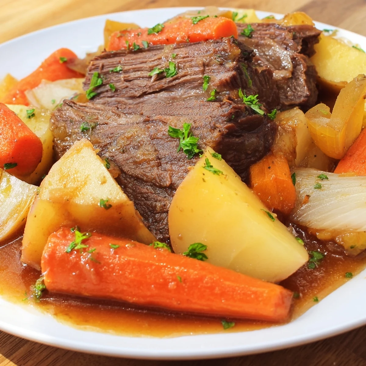 Serving suggestion of Slow Cooker Beef Pot Roast with Root Veggies, with celery and parsnips alongside crusty bread.