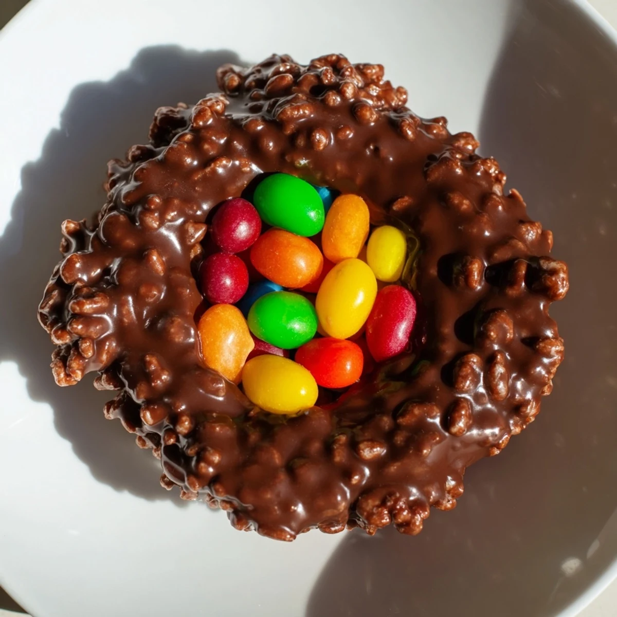 Chocolate Easter Egg Nests with Jelly Beans displayed as shiny, chocolate-coated rice cereal nests filled with colorful jelly bean candies.