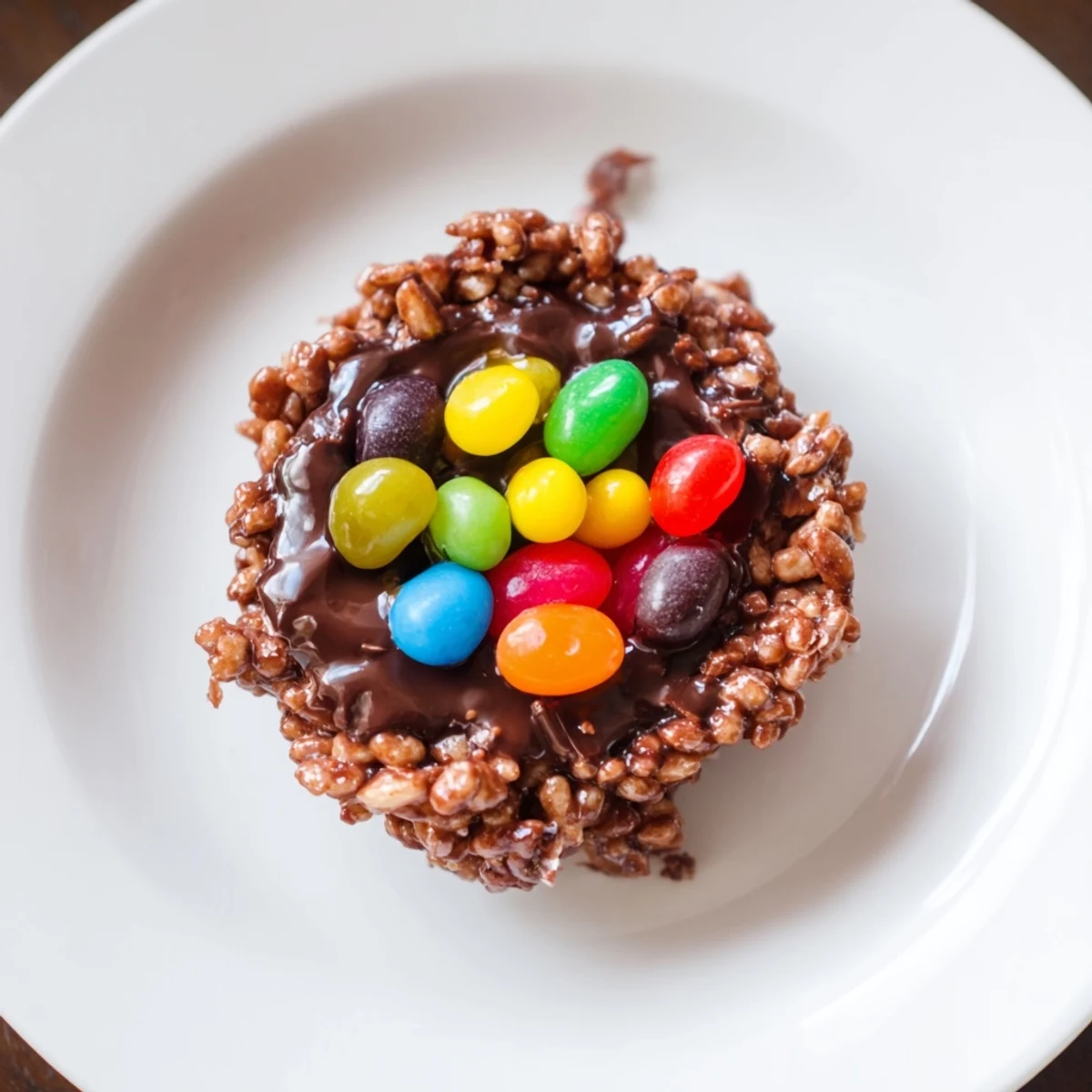 These Chocolate Easter Egg Nests with Jelly Beans feature crispy chocolate shells with bright jelly beans nestled in the center.
