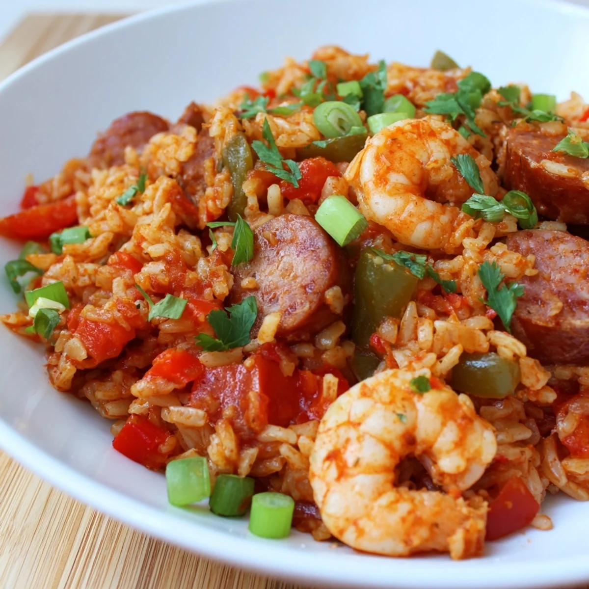 A steaming bowl of Spicy Jambalaya with Shrimp and Beef Sausage garnished with fresh parsley.