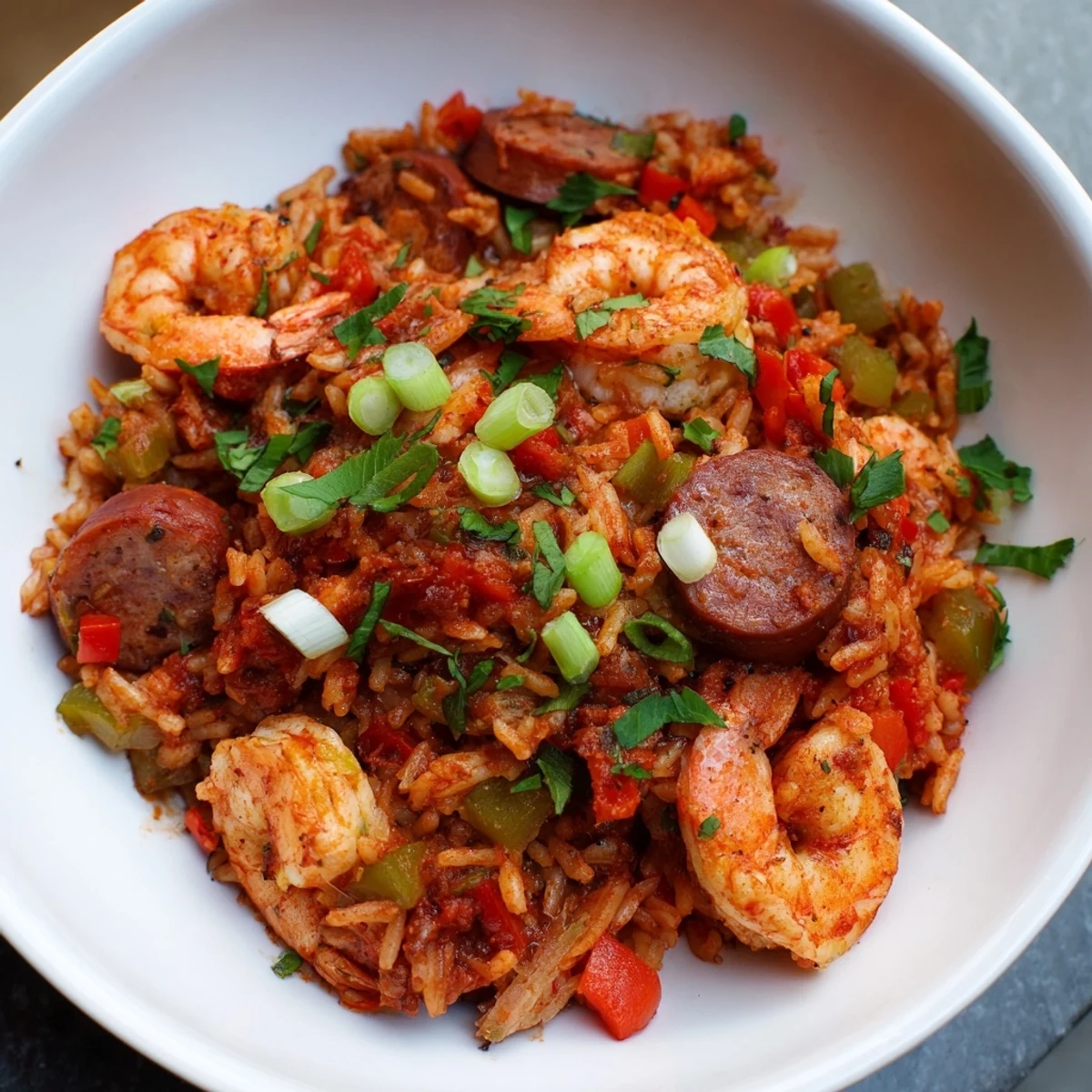 Hearty Spicy Jambalaya with Shrimp and Beef Sausage served in a rustic pot, ready for a family dinner.