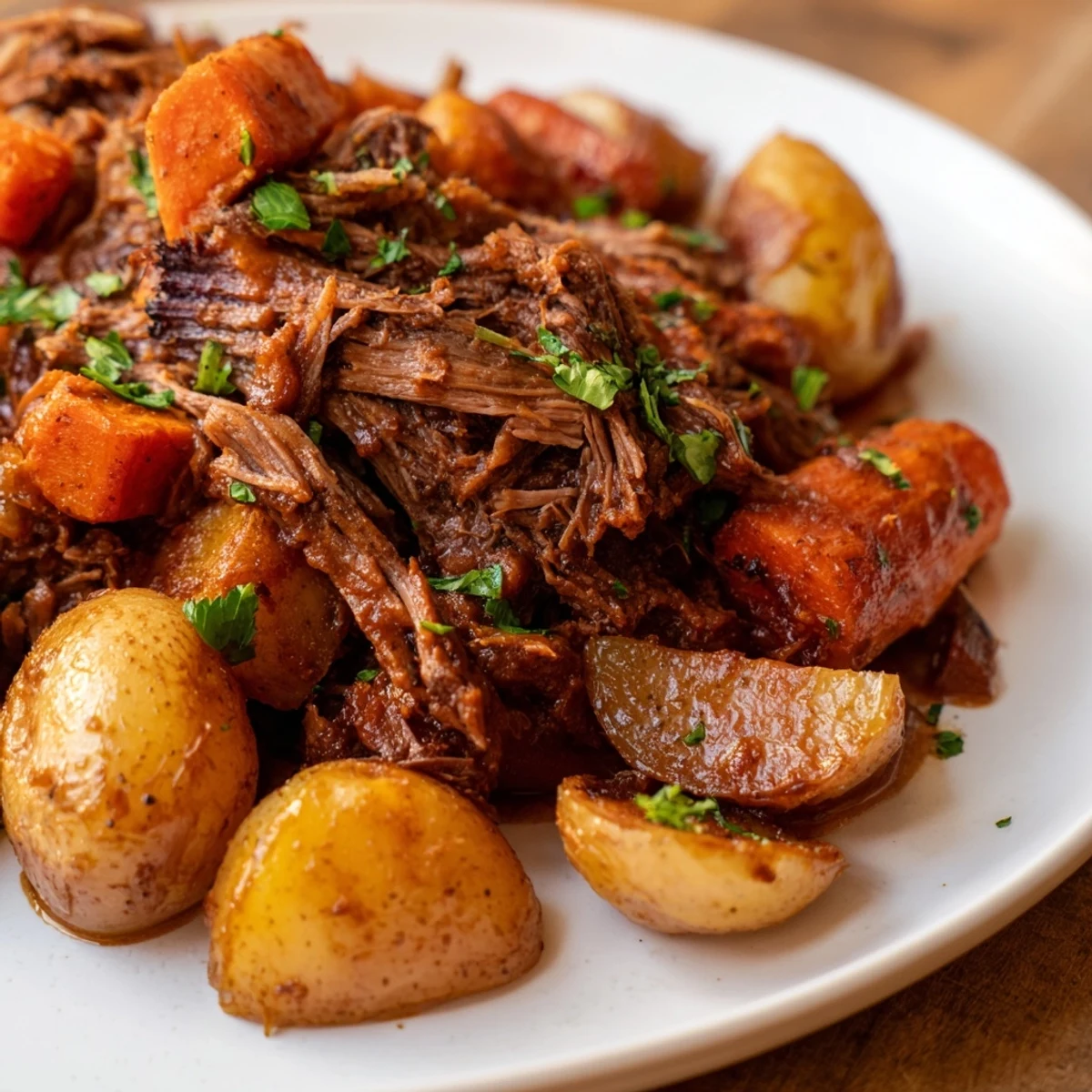 Slow cooker beef pot roast with tender chunks, carrots, and potatoes on a rustic platter, glistening with savory gravy.  