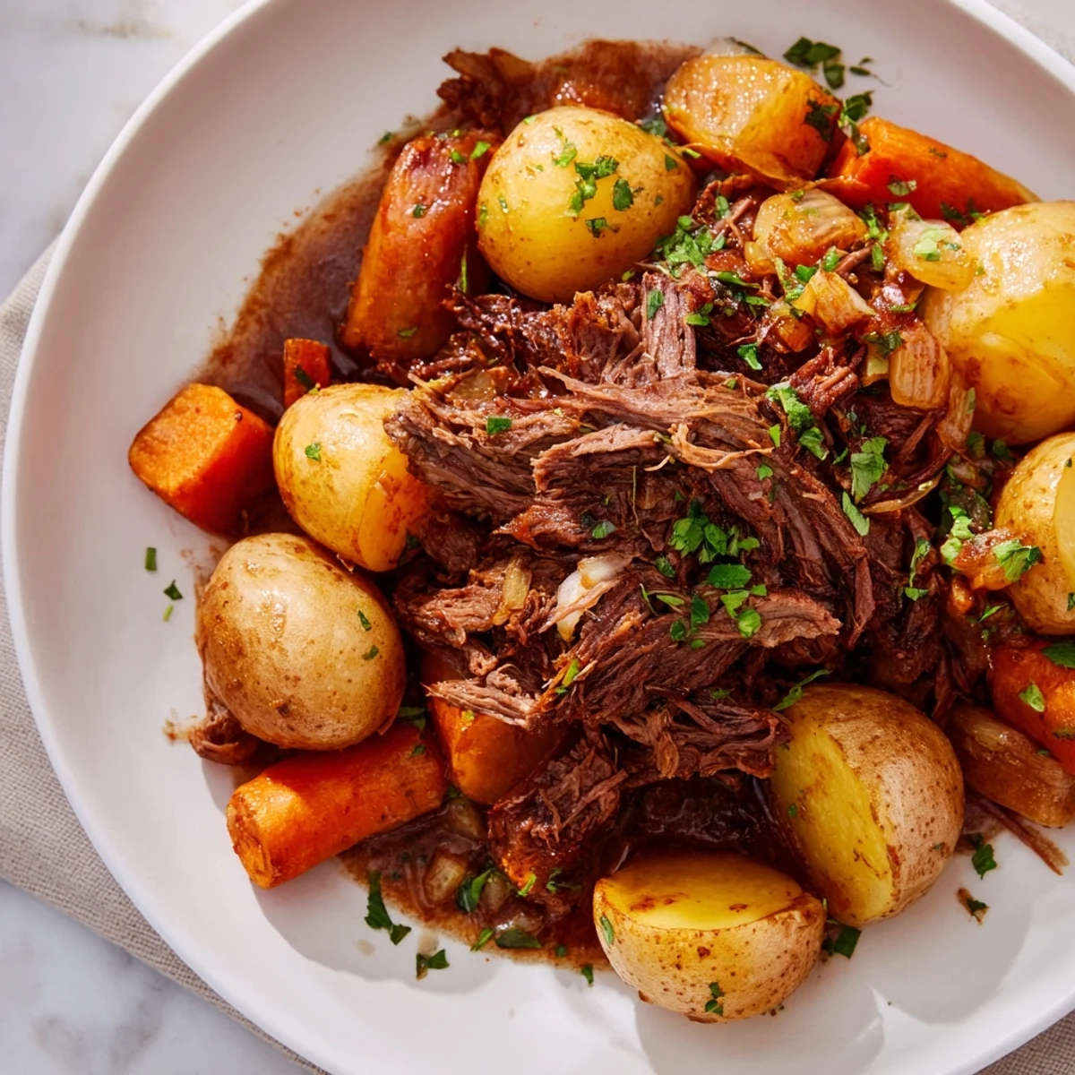 A hearty serving of beef pot roast with root vegetables, garnished with parsley and a rich, aromatic slow-cooker sauce.  
