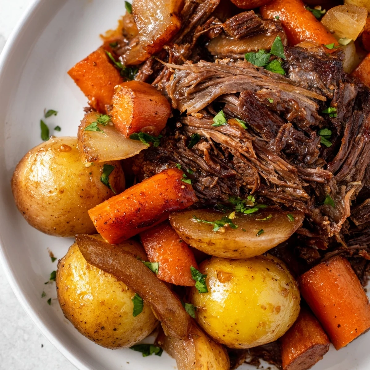Family-style beef pot roast featuring fall-apart meat and golden parsnips and turnips, ready to enjoy for dinner.