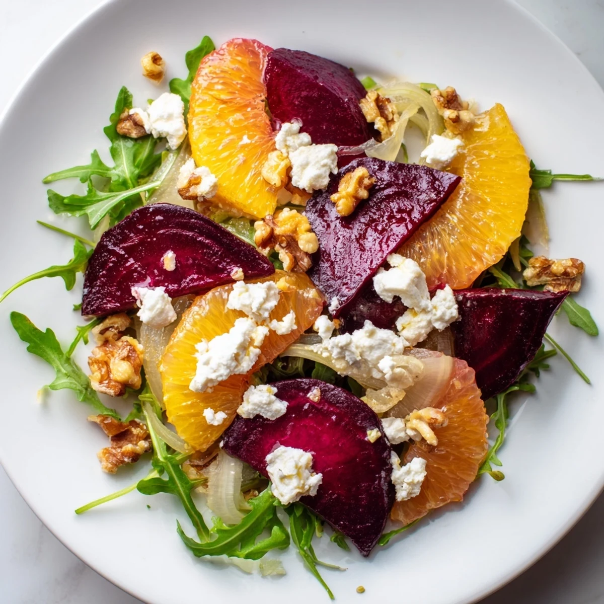 Sliced fennel, toasted walnuts, and crumbled goat cheese garnish the platter of Roasted Beet and Citrus Salad with Arugula.
