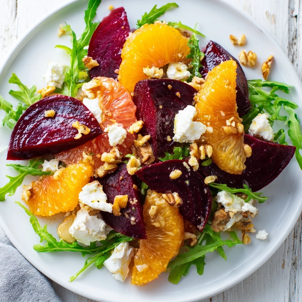 A drizzle of tangy vinaigrette coats the fresh ingredients in this vegetarian and gluten-free Roasted Beet and Citrus Salad with Arugula.