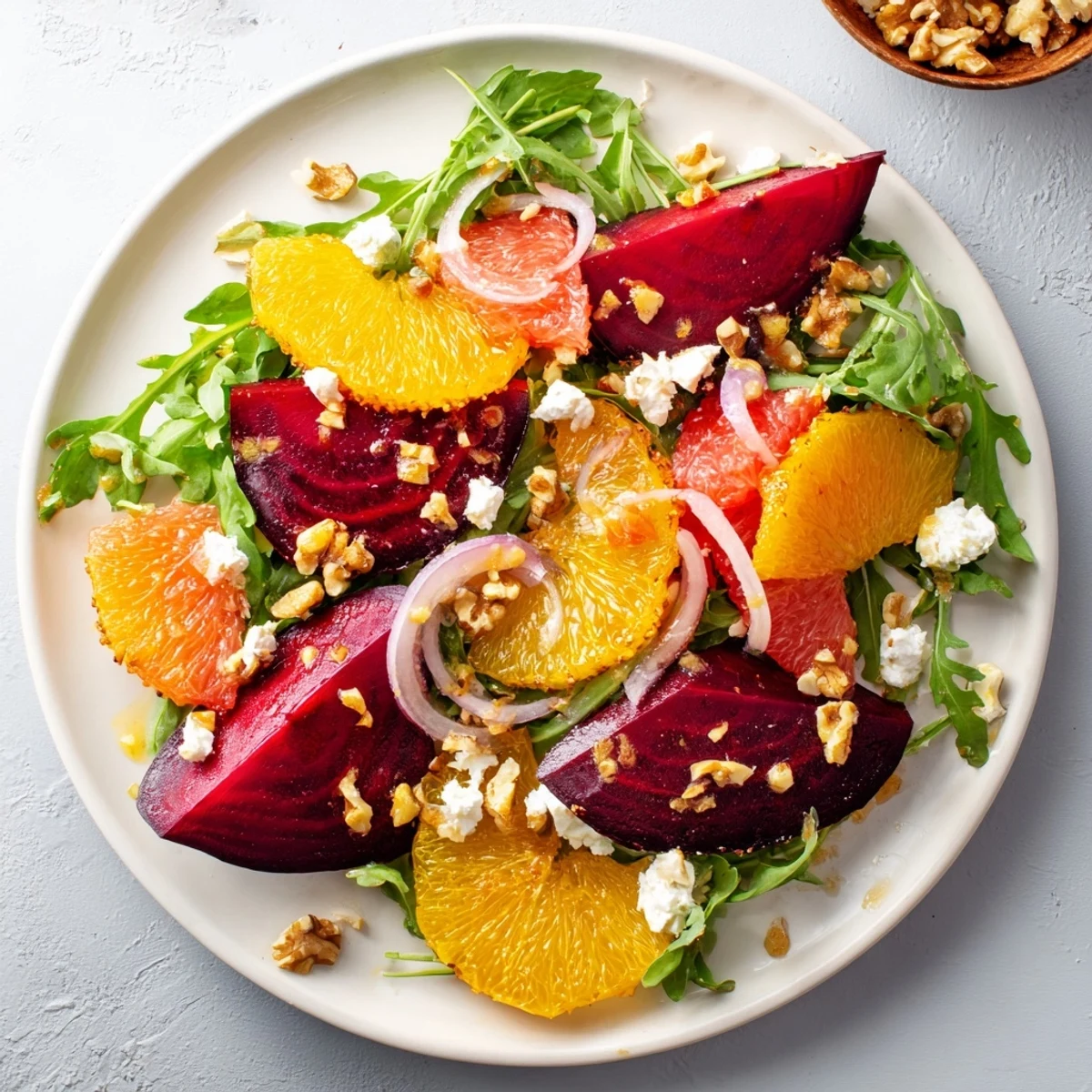 A close-up of Roasted Beet and Citrus Salad with Arugula featuring crumbled goat cheese and toasted walnuts.