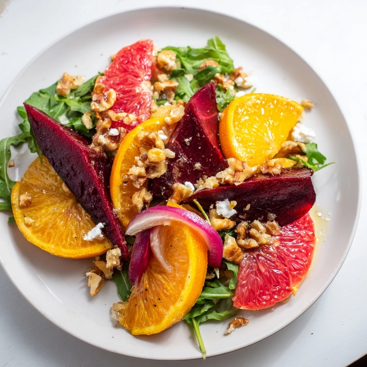 Roasted Beet and Citrus Salad with Arugula on a platter with vibrant red and pink citrus slices.