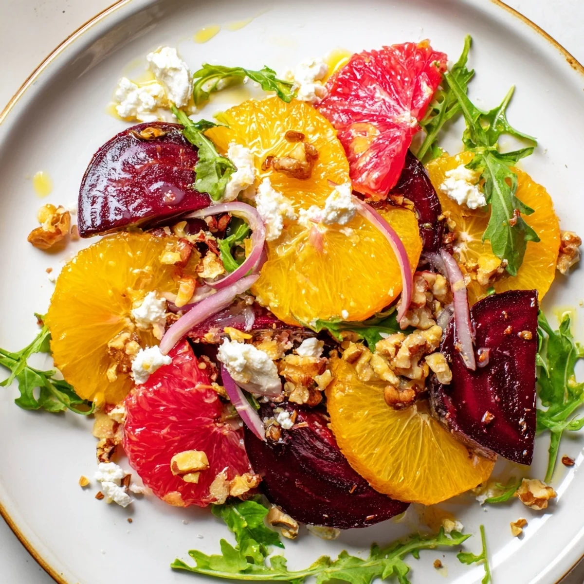 Overhead view of Roasted Beet and Citrus Salad with Arugula dressed in a glistening lemon vinaigrette.
